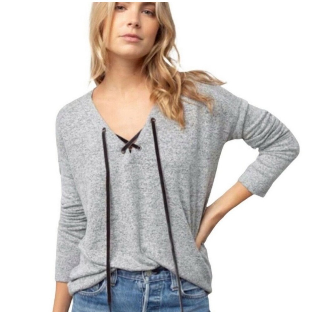 RAILS Leigh V-neck Velvet-ties Long-sleeve Top In Melange Gray Size Large Soft!